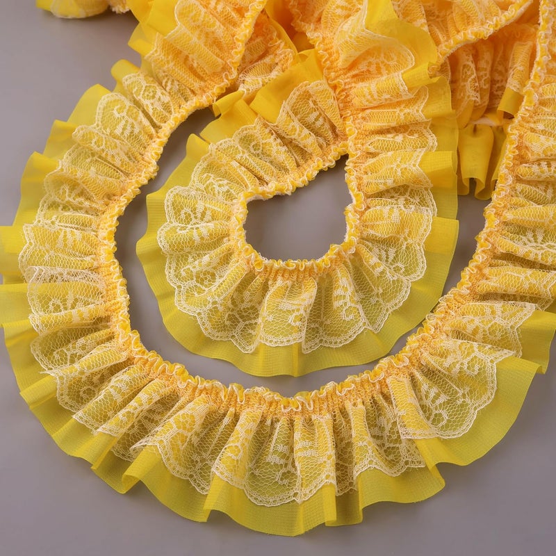 GXTIZAS Yellow Lace Ruffle Ribbon Double-Layer Pleated Chiffon 6cm Wide Lace Elastic Trim Wrinkle-Free Boxed for DIY Sewing, Clothing, Pillowcase Decoration(5yards) - Image 1